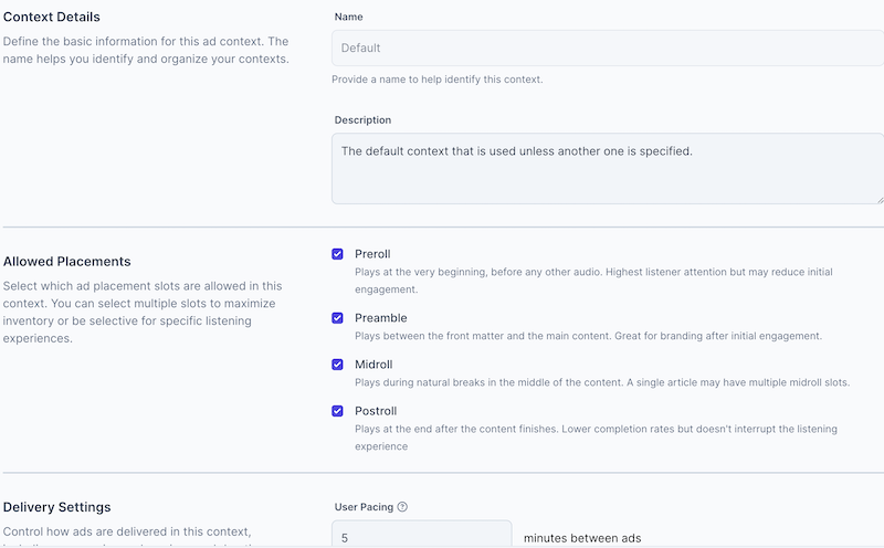 Context settings panel