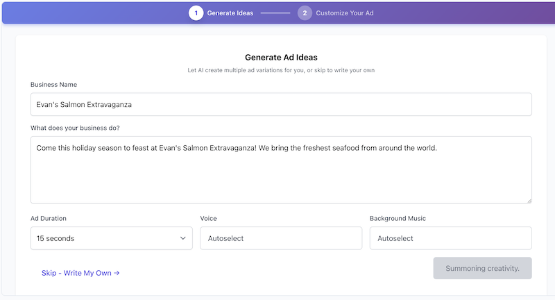 Ad Builder Step 1 - Generate Ideas form