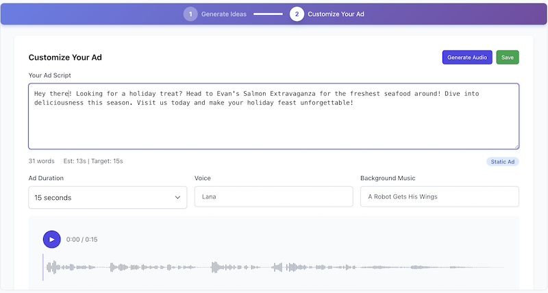 Ad Builder Step 2 - Customize screen with waveform