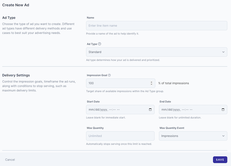 Ad creation form